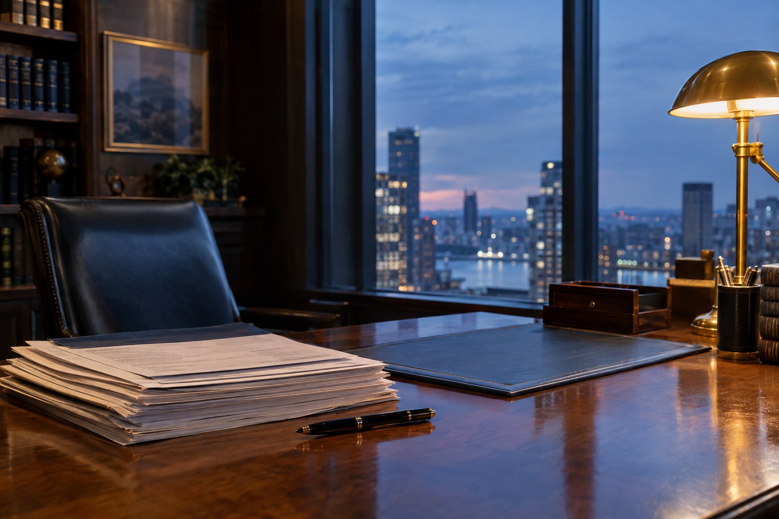 A quiet private law office at dusk with tax documents on a walnut desk
